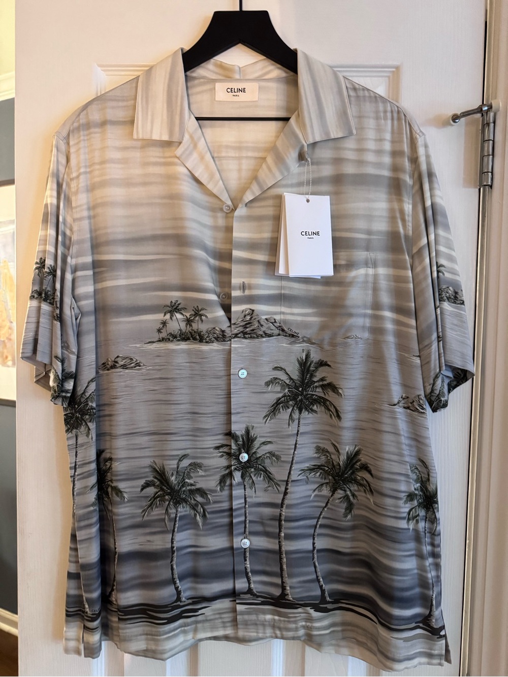 Celine Beige and Black Palm-Print Short-Sleeve Button Shirt